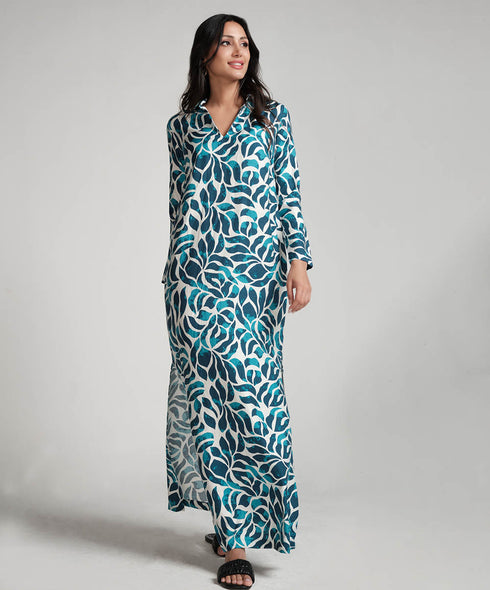 Blue Printed Dress With Side Pockets